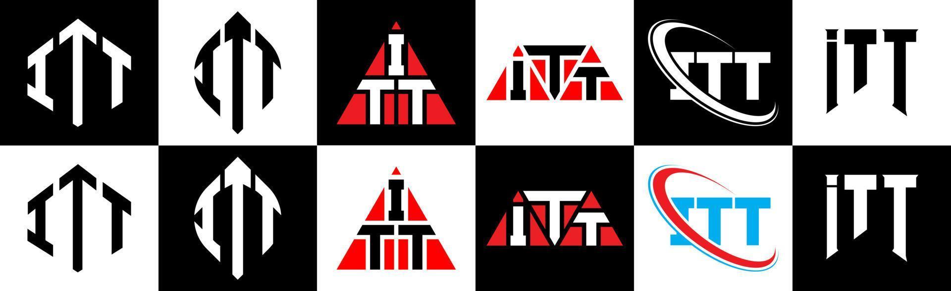 diseño de logotipo de letra itt en seis estilos. itt polígono, círculo, triángulo, hexágono, estilo plano y simple con logotipo de letra de variación de color blanco y negro en una mesa de trabajo. logotipo minimalista y clásico de itt vector