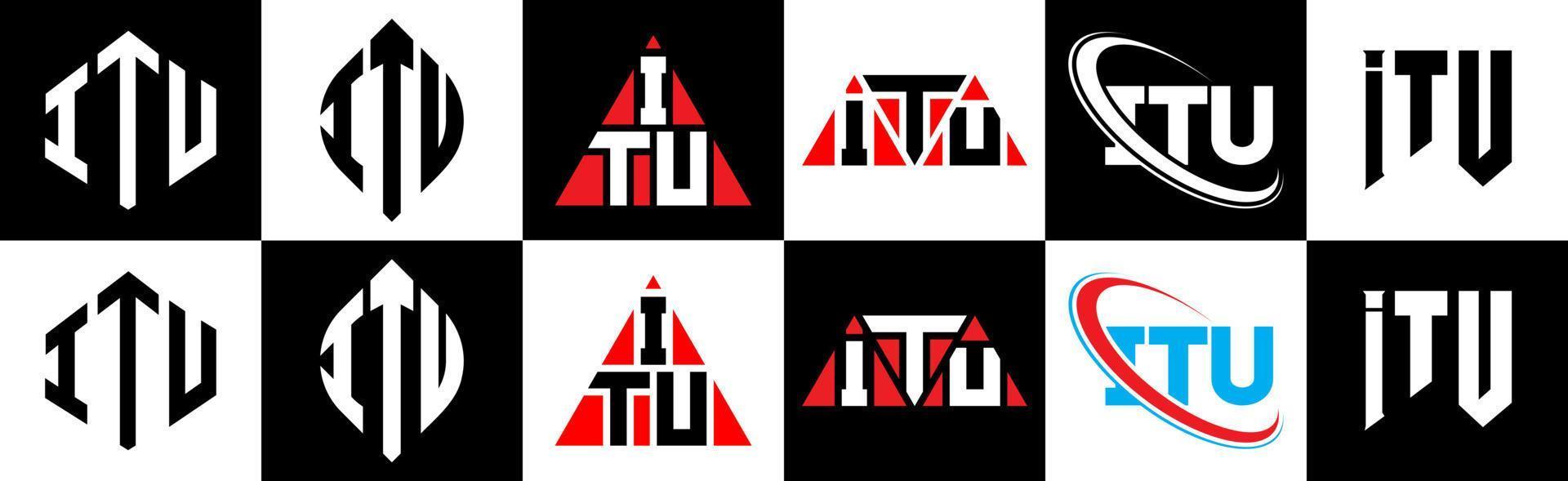 diseño de logotipo de letra itu en seis estilos. itu polígono, círculo, triángulo, hexágono, estilo plano y simple con logotipo de letra de variación de color blanco y negro en una mesa de trabajo. logotipo clásico y minimalista de la UIT vector