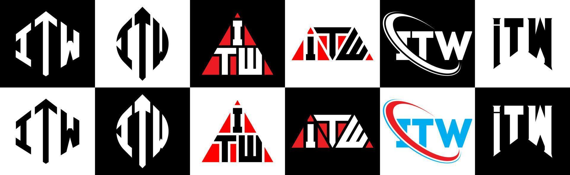 diseño de logotipo de letra itw en seis estilos. itw polígono, círculo, triángulo, hexágono, estilo plano y simple con logotipo de letra de variación de color blanco y negro en una mesa de trabajo. itw logotipo minimalista y clásico vector