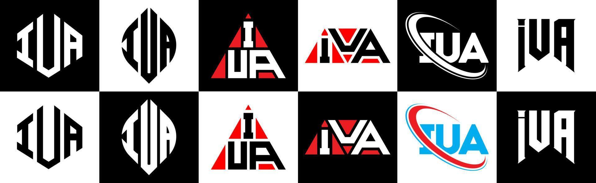 IUA letter logo design in six style. IUA polygon, circle, triangle, hexagon, flat and simple style with black and white color variation letter logo set in one artboard. IUA minimalist and classic logo vector