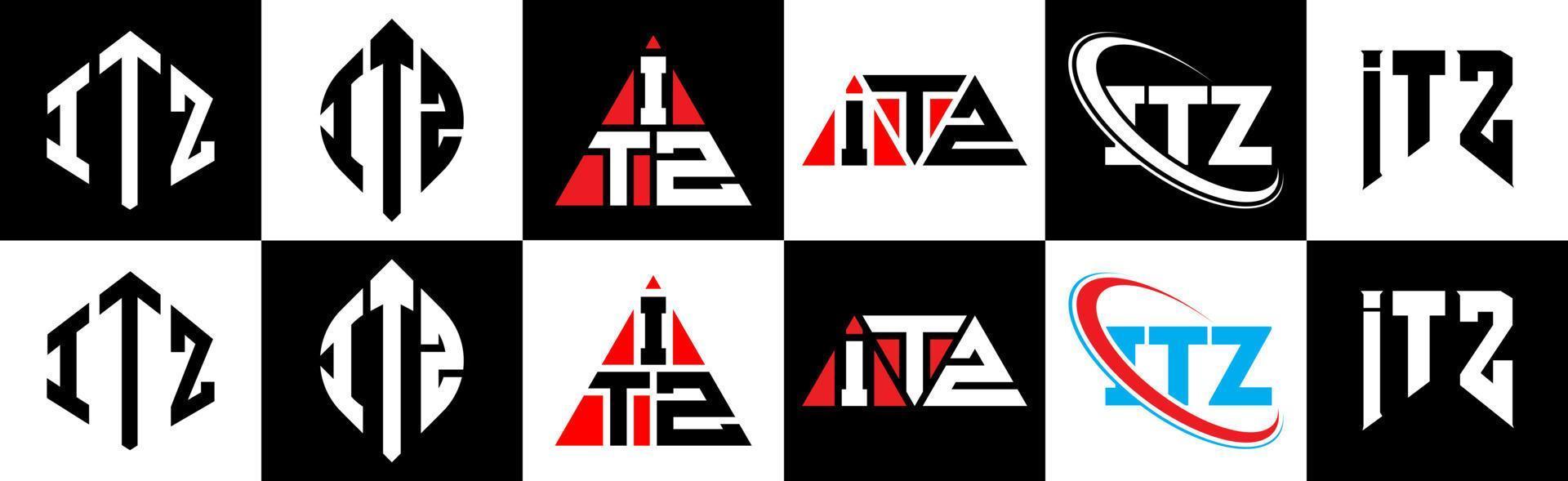 diseño de logotipo de letra itz en seis estilos. es polígono, círculo, triángulo, hexágono, estilo plano y simple con logotipo de letra de variación de color blanco y negro en una mesa de trabajo. itz logo minimalista y clásico vector