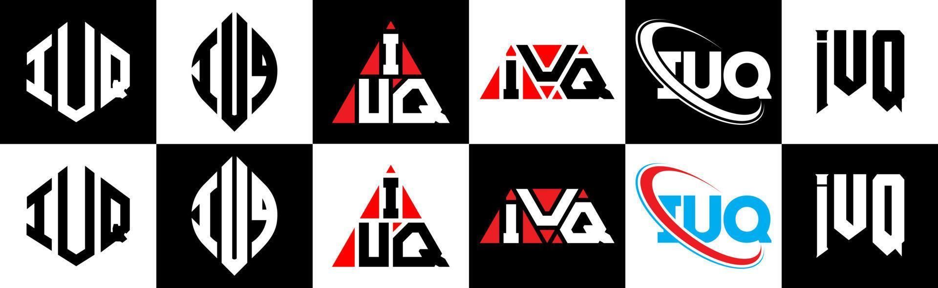 Diseño de logotipo de letra iuq en seis estilos. iuq polígono, círculo, triángulo, hexágono, estilo plano y simple con logotipo de letra de variación de color blanco y negro en una mesa de trabajo. logotipo minimalista y clásico de iuq vector