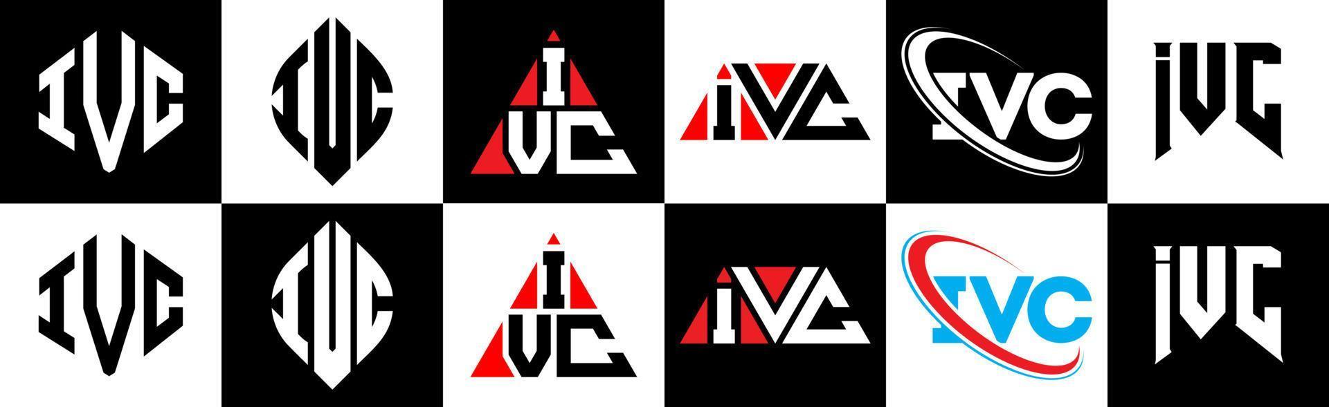 IVC letter logo design in six style. IVC polygon, circle, triangle, hexagon, flat and simple style with black and white color variation letter logo set in one artboard. IVC minimalist and classic logo vector