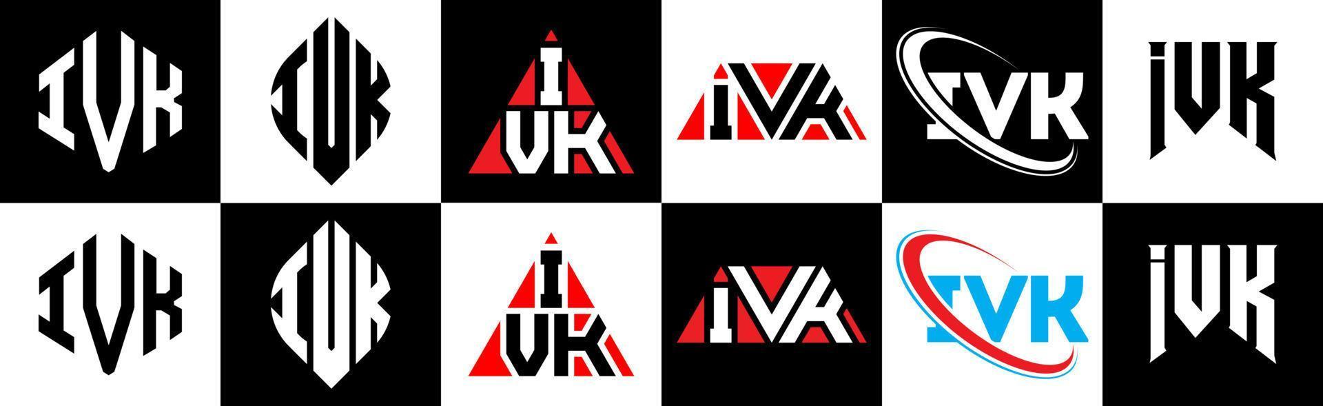 IVK letter logo design in six style. IVK polygon, circle, triangle, hexagon, flat and simple style with black and white color variation letter logo set in one artboard. IVK minimalist and classic logo vector