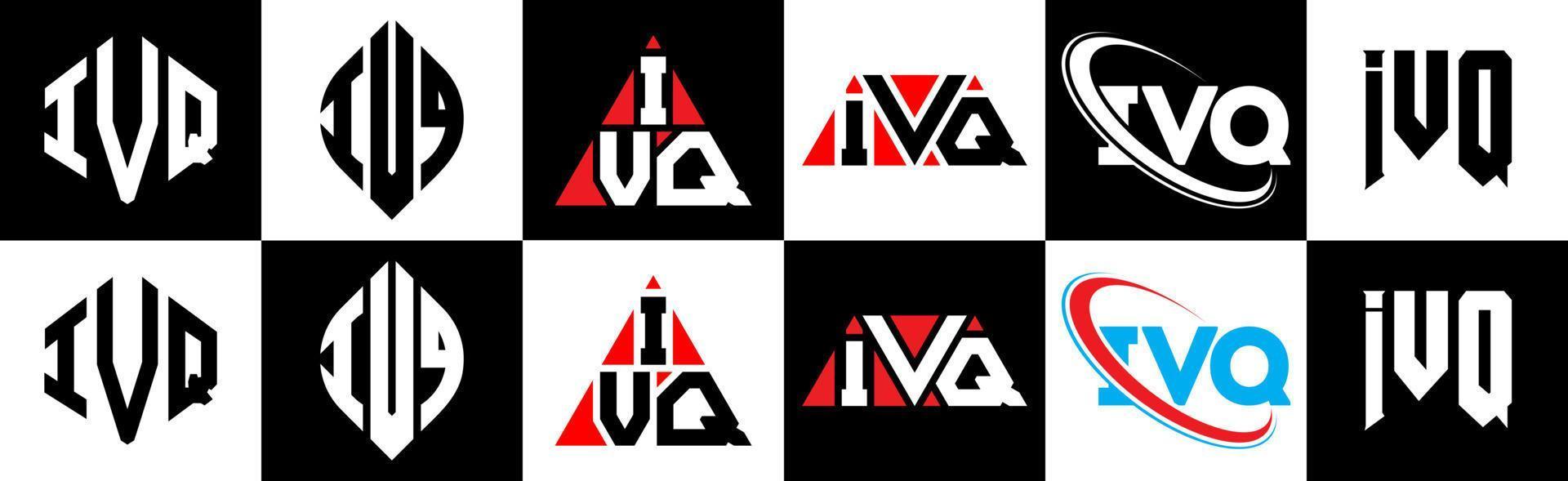 IVQ letter logo design in six style. IVQ polygon, circle, triangle, hexagon, flat and simple style with black and white color variation letter logo set in one artboard. IVQ minimalist and classic logo vector