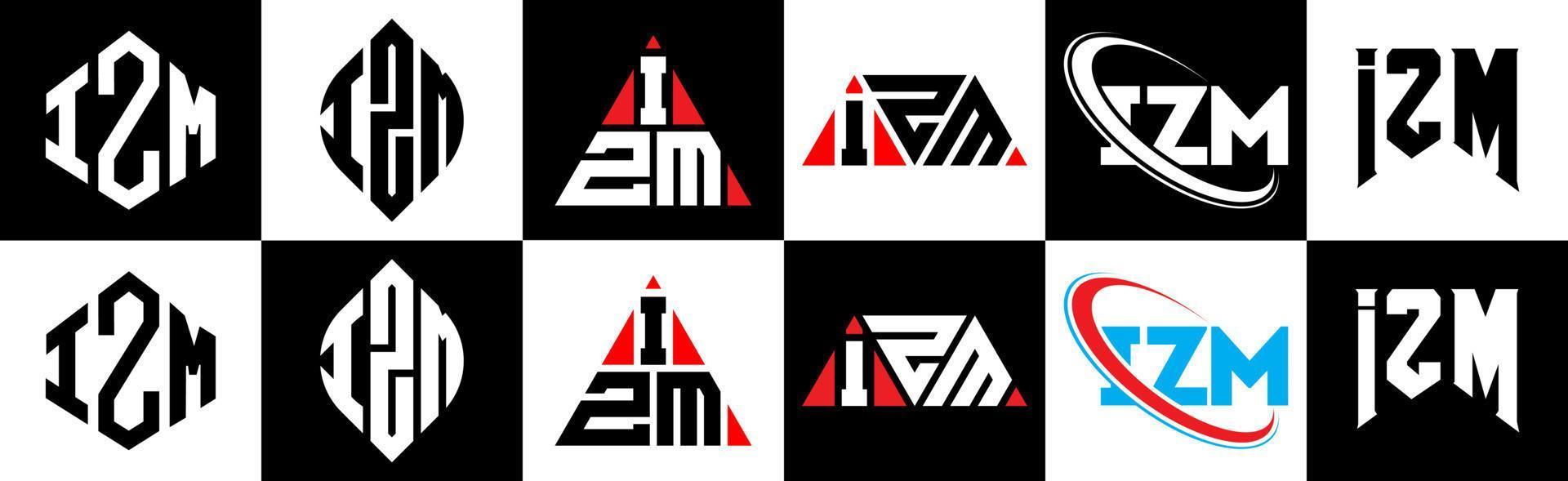 diseño de logotipo de letra izm en seis estilos. polígono izm, círculo, triángulo, hexágono, estilo plano y simple con logotipo de letra de variación de color blanco y negro en una mesa de trabajo. logotipo minimalista y clásico de izm vector