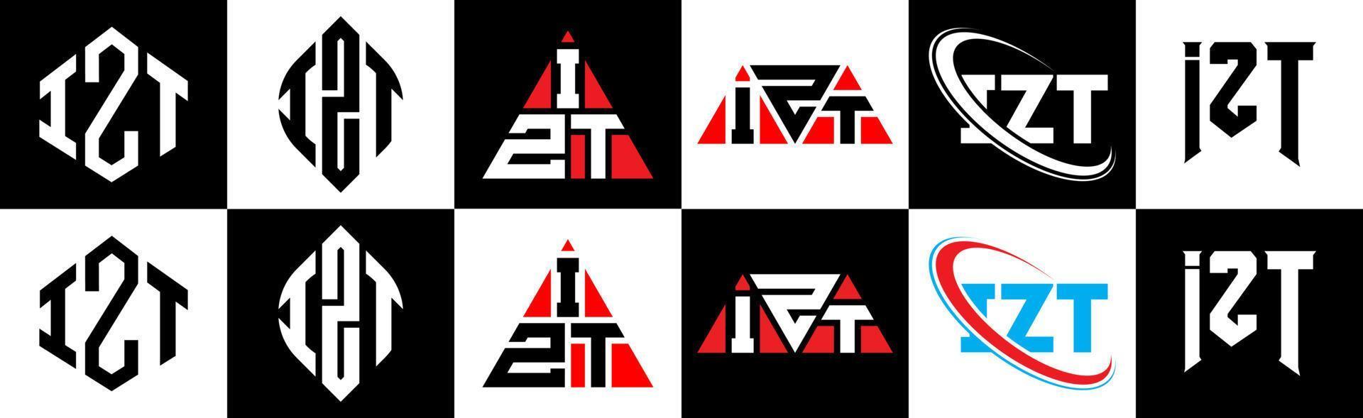 IZT letter logo design in six style. IZT polygon, circle, triangle, hexagon, flat and simple style with black and white color variation letter logo set in one artboard. IZT minimalist and classic logo vector