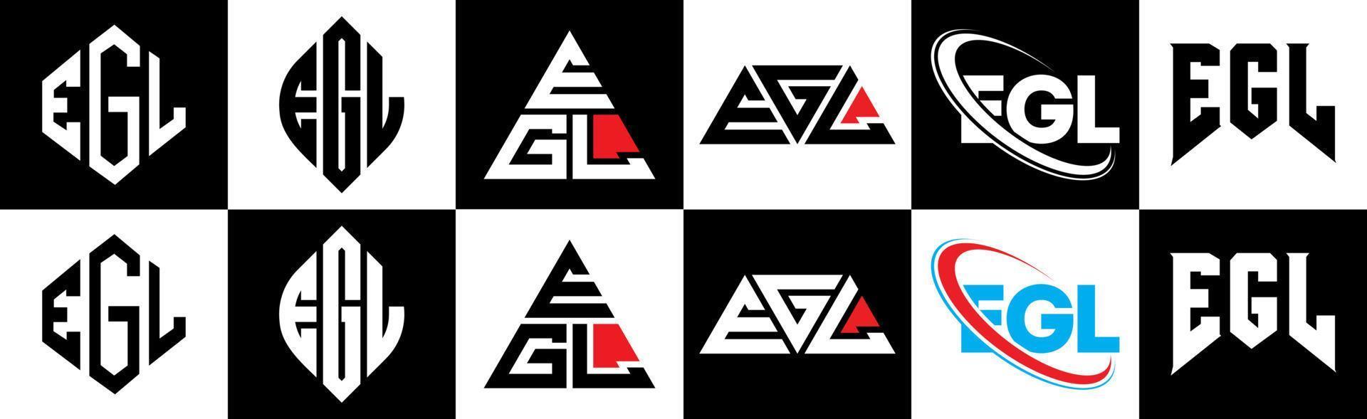 diseño de logotipo de letra egl en seis estilos. egl polígono, círculo, triángulo, hexágono, estilo plano y simple con logotipo de letra de variación de color blanco y negro en una mesa de trabajo. logotipo minimalista y clásico de egl vector