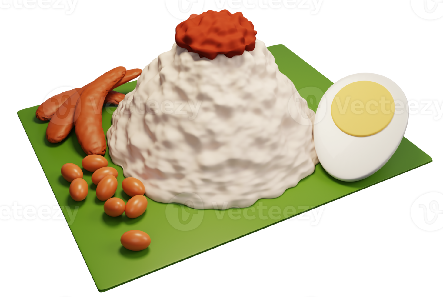 Representación 3d arroz nasi lemak de comida malaya tradicional con huevo cocido, pescado seco y cacahuetes en hoja de plátano. cobertura picante de sambal. ilustración de objeto 3d nasi lemak png