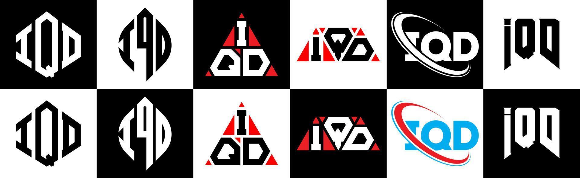 IQD letter logo design in six style. IQD polygon, circle, triangle, hexagon, flat and simple style with black and white color variation letter logo set in one artboard. IQD minimalist and classic logo vector
