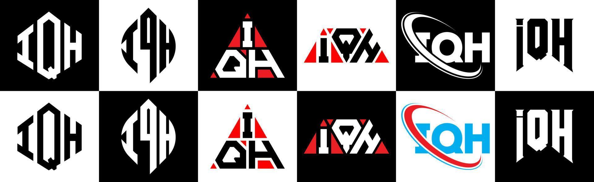 IQH letter logo design in six style. IQH polygon, circle, triangle, hexagon, flat and simple style with black and white color variation letter logo set in one artboard. IQH minimalist and classic logo vector