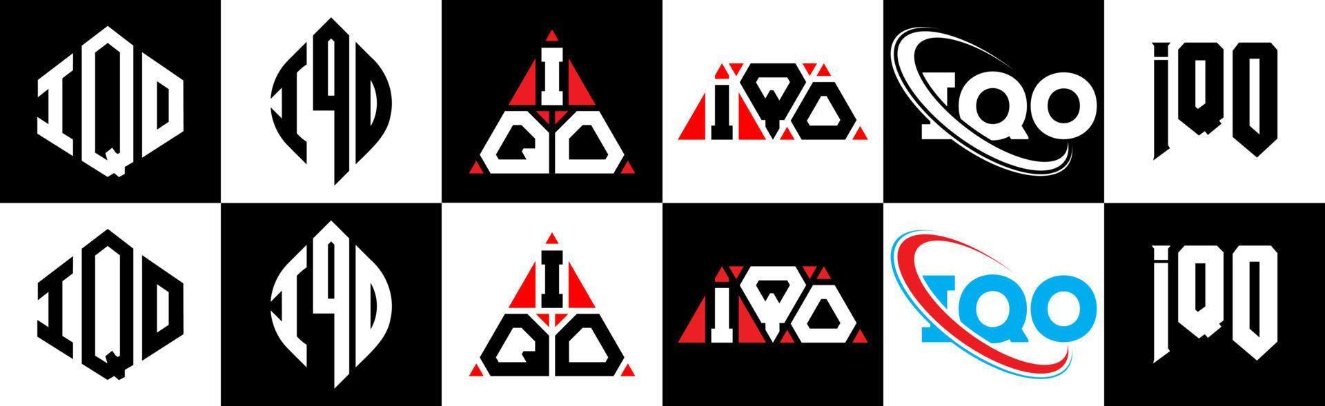 IQO letter logo design in six style. IQO polygon, circle, triangle, hexagon, flat and simple style with black and white color variation letter logo set in one artboard. IQO minimalist and classic logo vector