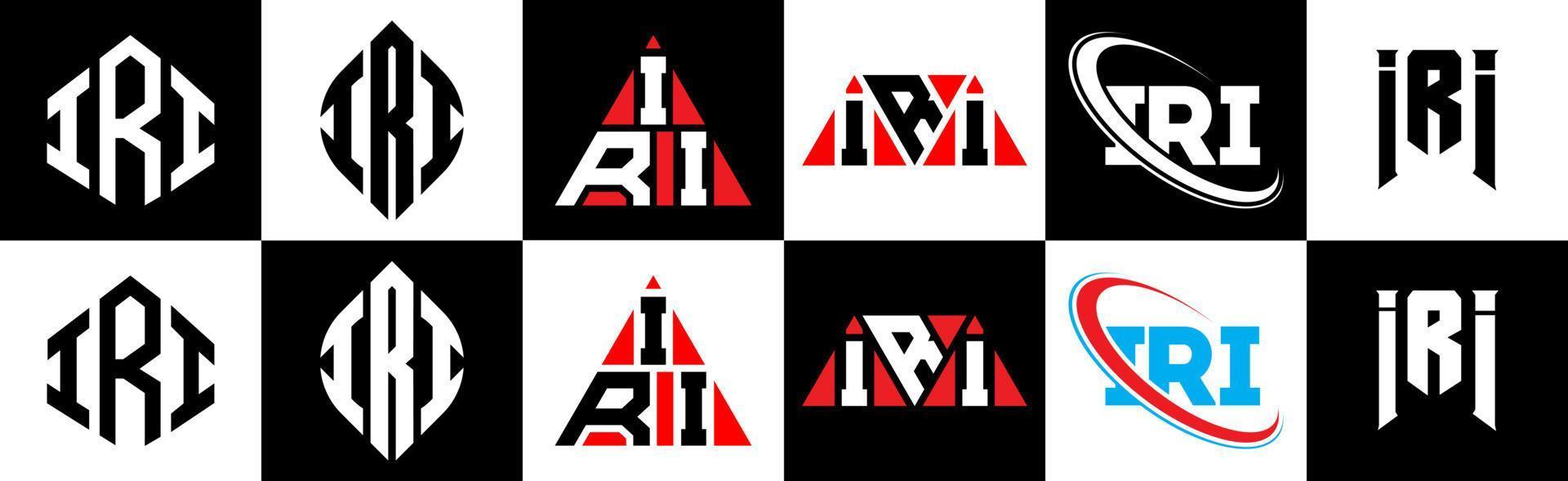 IRI letter logo design in six style. IRI polygon, circle, triangle, hexagon, flat and simple style with black and white color variation letter logo set in one artboard. IRI minimalist and classic logo vector