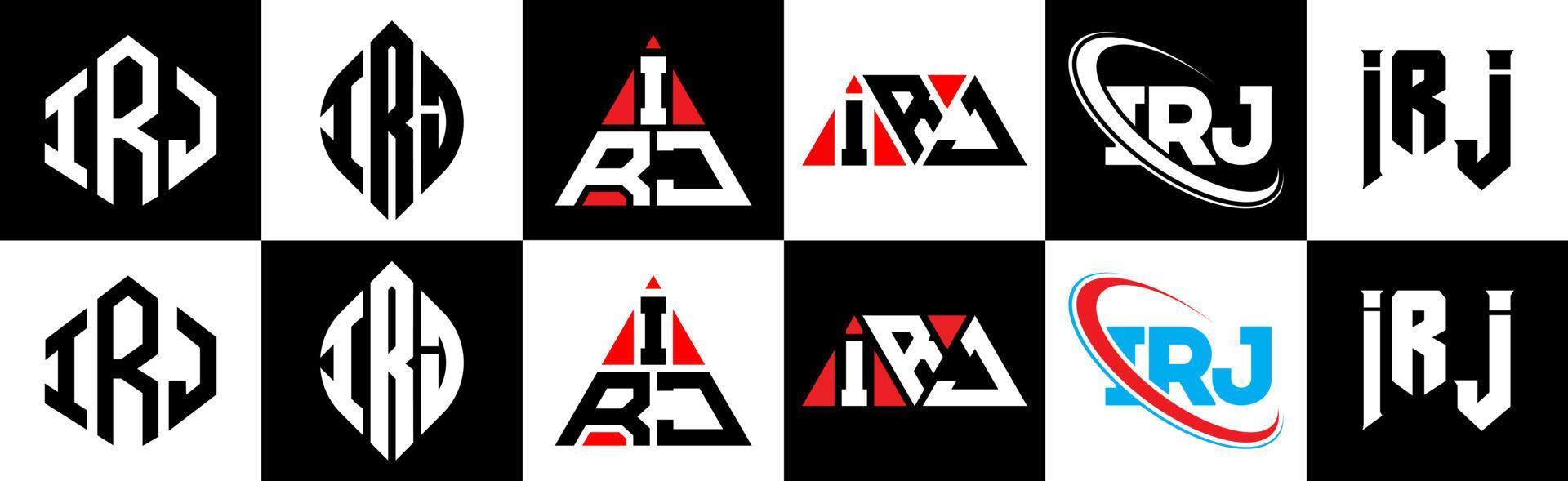 IRJ letter logo design in six style. IRJ polygon, circle, triangle, hexagon, flat and simple style with black and white color variation letter logo set in one artboard. IRJ minimalist and classic logo vector
