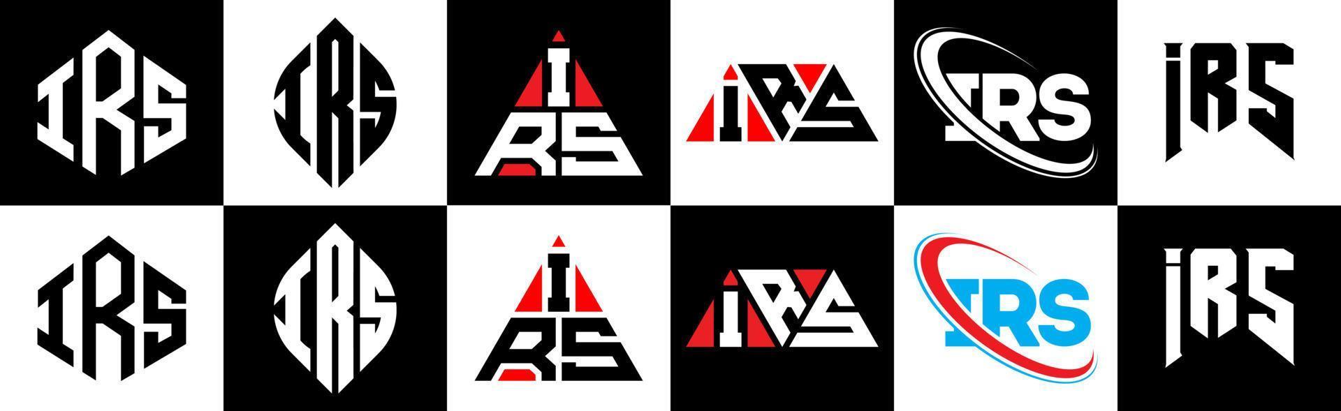 diseño de logotipo de letra irs en seis estilos. irs polígono, círculo, triángulo, hexágono, estilo plano y simple con logotipo de letra de variación de color blanco y negro en una mesa de trabajo. irs logo minimalista y clásico vector