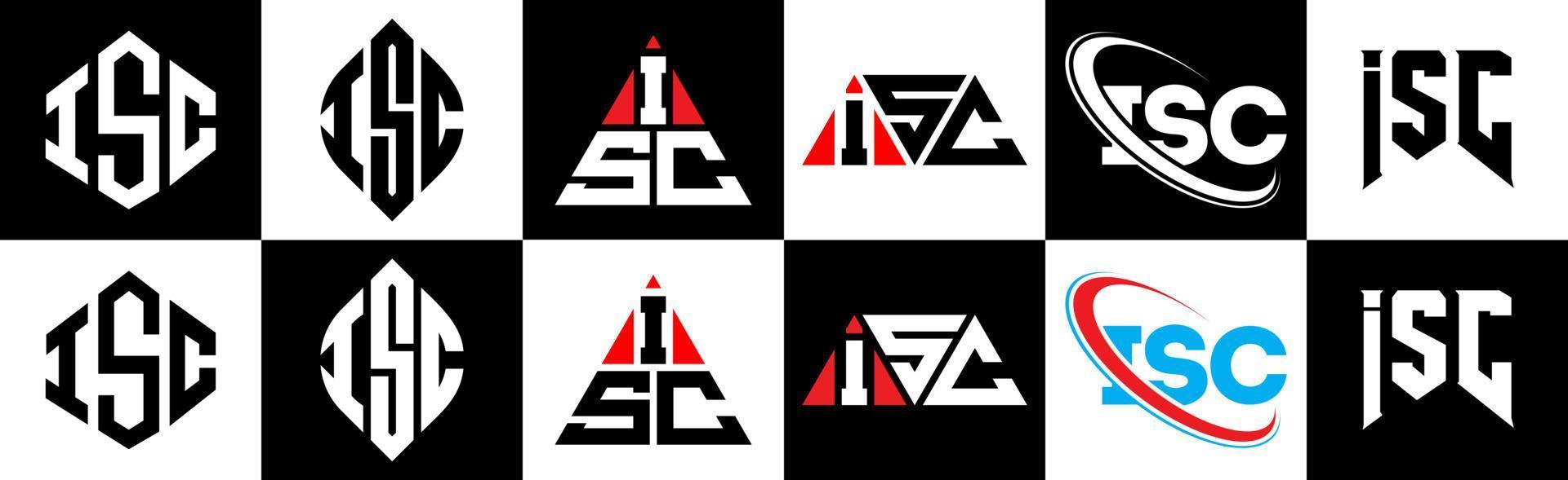 ISC letter logo design in six style. ISC polygon, circle, triangle, hexagon, flat and simple style with black and white color variation letter logo set in one artboard. ISC minimalist and classic logo vector