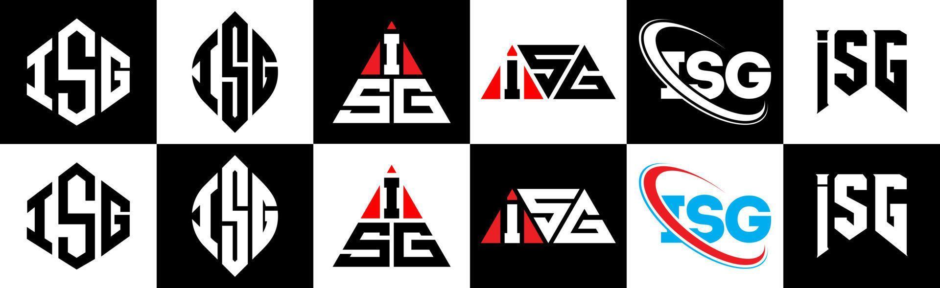 ISG letter logo design in six style. ISG polygon, circle, triangle, hexagon, flat and simple style with black and white color variation letter logo set in one artboard. ISG minimalist and classic logo vector