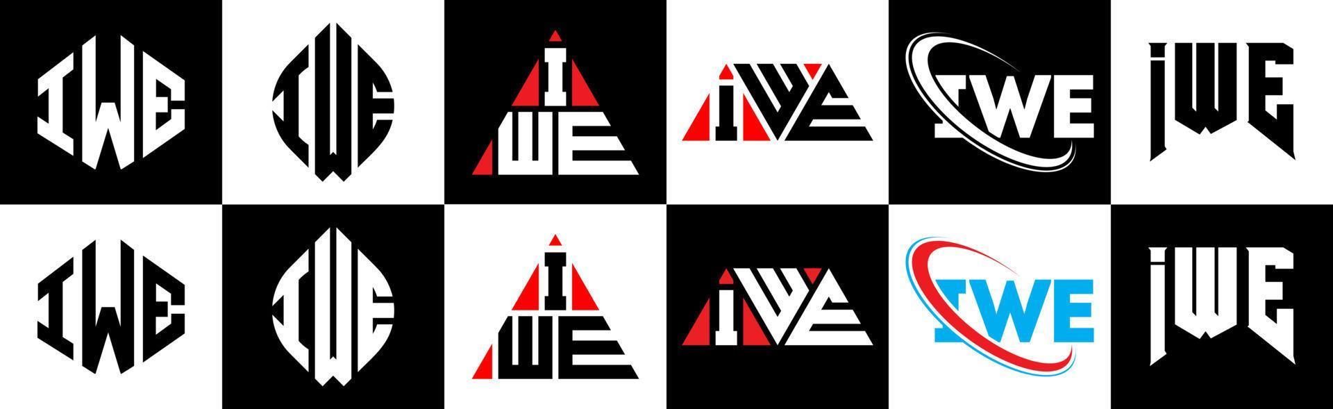 IWE letter logo design in six style. IWE polygon, circle, triangle, hexagon, flat and simple style with black and white color variation letter logo set in one artboard. IWE minimalist and classic logo vector