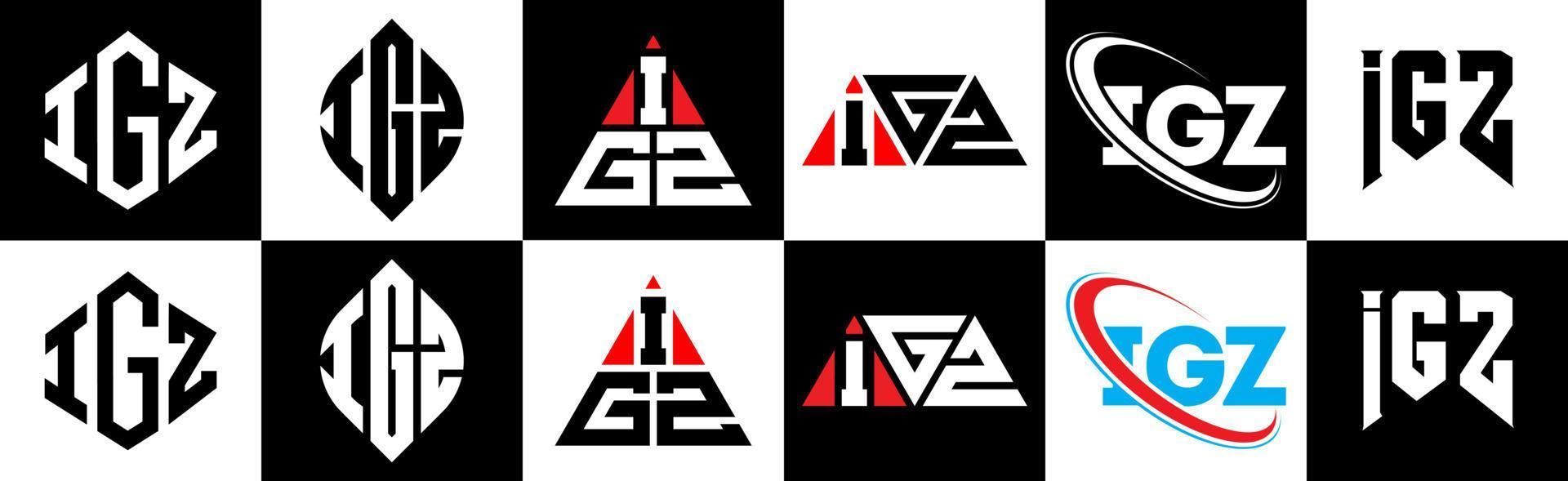 diseño de logotipo de letra igz en seis estilos. polígono igz, círculo, triángulo, hexágono, estilo plano y simple con logotipo de letra de variación de color blanco y negro en una mesa de trabajo. logotipo minimalista y clásico de igz vector