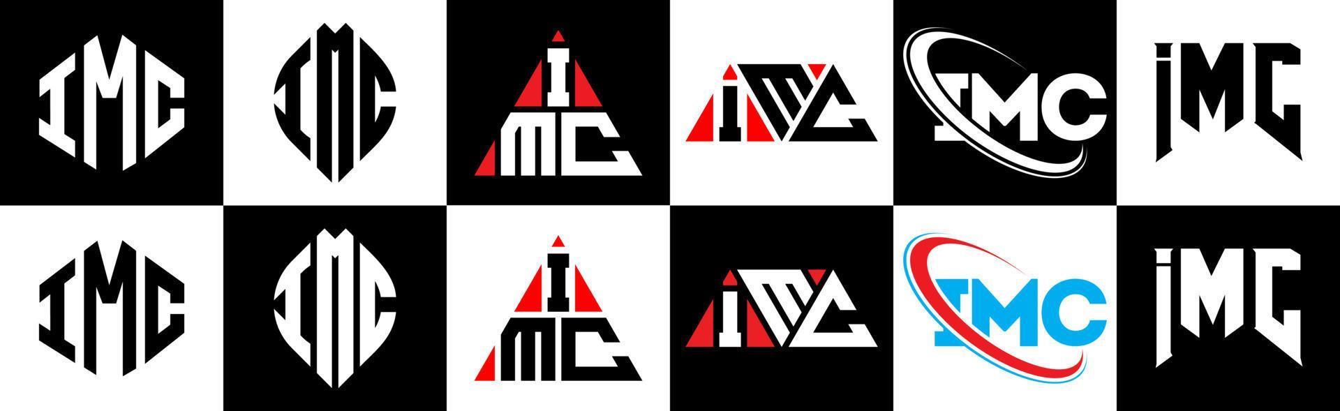 Diseño de logotipo de letra imc en seis estilos. imc polígono, círculo, triángulo, hexágono, estilo plano y simple con logotipo de letra de variación de color blanco y negro en una mesa de trabajo. logotipo minimalista y clásico de imc vector