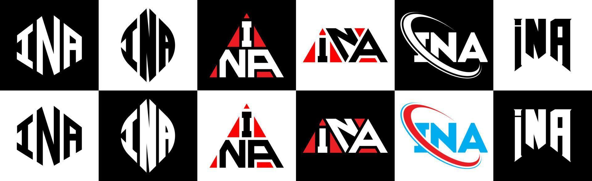INA letter logo design in six style. INA polygon, circle, triangle, hexagon, flat and simple style with black and white color variation letter logo set in one artboard. INA minimalist and classic logo vector
