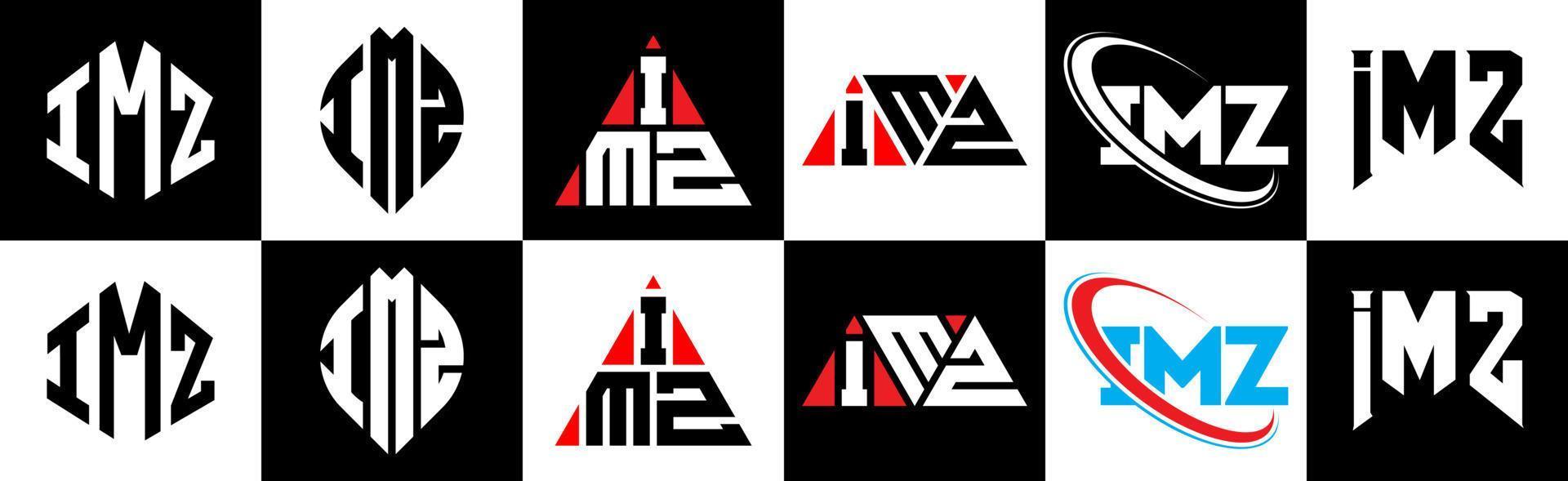 Diseño de logotipo de letra imz en seis estilos. imz polígono, círculo, triángulo, hexágono, estilo plano y simple con logotipo de letra de variación de color blanco y negro en una mesa de trabajo. logotipo minimalista y clásico de imz vector