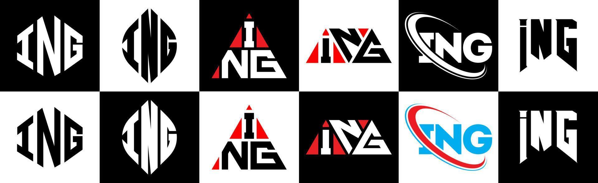 ING letter logo design in six style. ING polygon, circle, triangle, hexagon, flat and simple style with black and white color variation letter logo set in one artboard. ING minimalist and classic logo vector