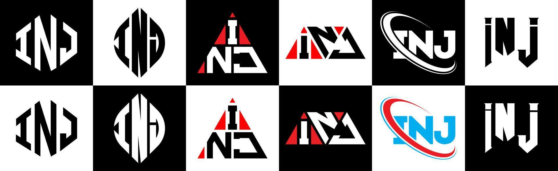 diseño de logotipo de letra inj en seis estilos. inj polígono, círculo, triángulo, hexágono, estilo plano y simple con logotipo de letra de variación de color blanco y negro en una mesa de trabajo. logotipo minimalista y clásico de inj vector