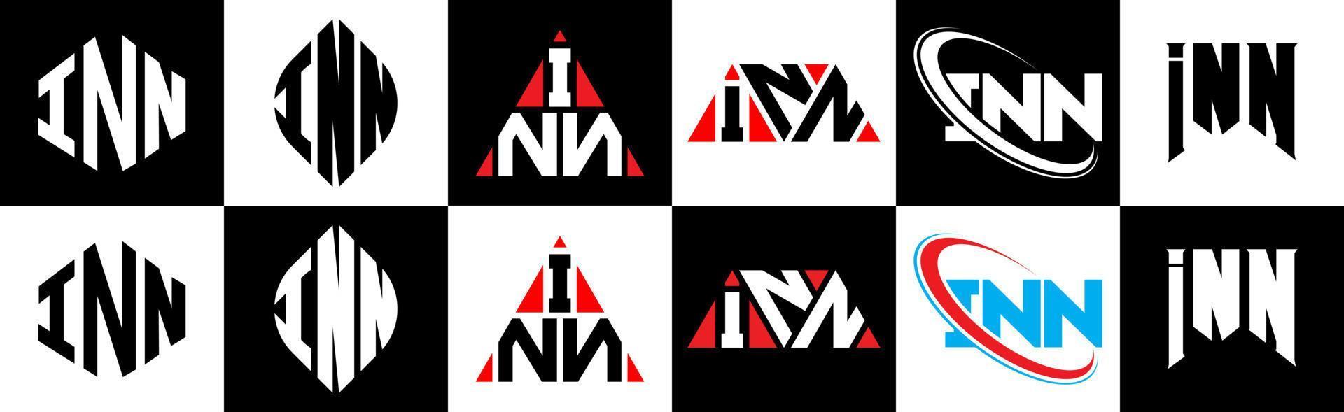 INN letter logo design in six style. INN polygon, circle, triangle, hexagon, flat and simple style with black and white color variation letter logo set in one artboard. INN minimalist and classic logo vector