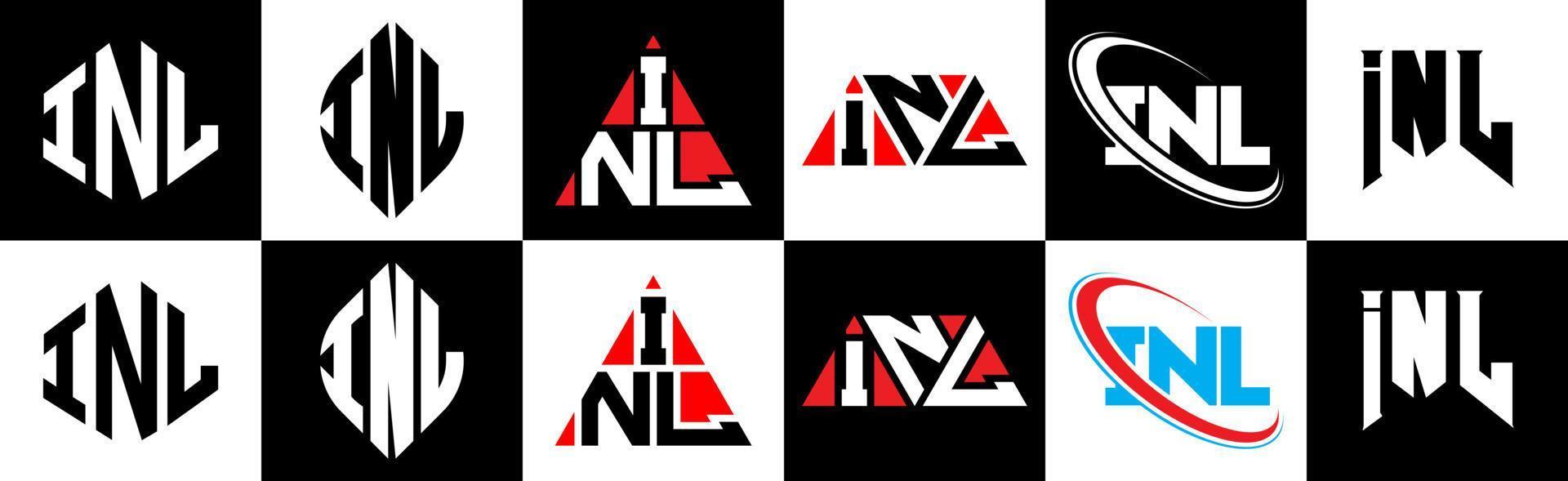 INL letter logo design in six style. INL polygon, circle, triangle, hexagon, flat and simple style with black and white color variation letter logo set in one artboard. INL minimalist and classic logo vector