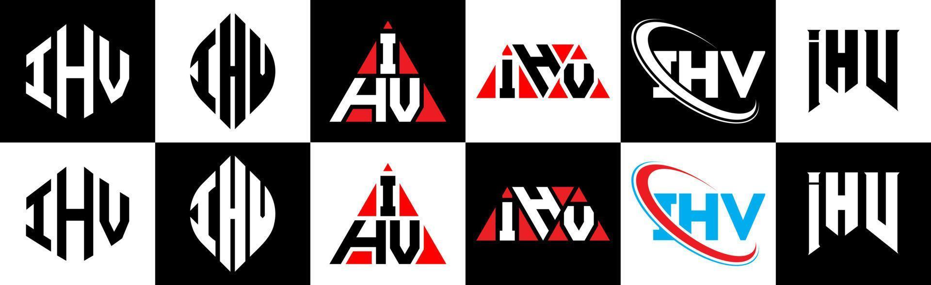 IHV letter logo design in six style. IHV polygon, circle, triangle, hexagon, flat and simple style with black and white color variation letter logo set in one artboard. IHV minimalist and classic logo vector