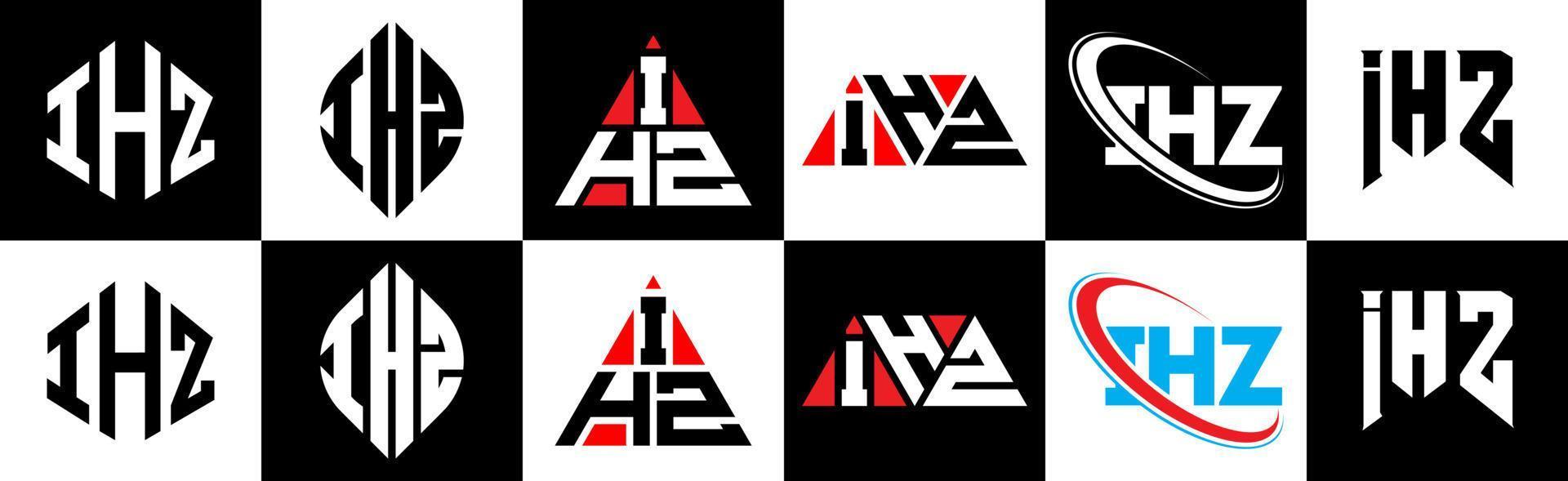 Diseño de logotipo de letra ihz en seis estilos. polígono ihz, círculo, triángulo, hexágono, estilo plano y simple con logotipo de letra de variación de color blanco y negro en una mesa de trabajo. logotipo minimalista y clásico de ihz vector
