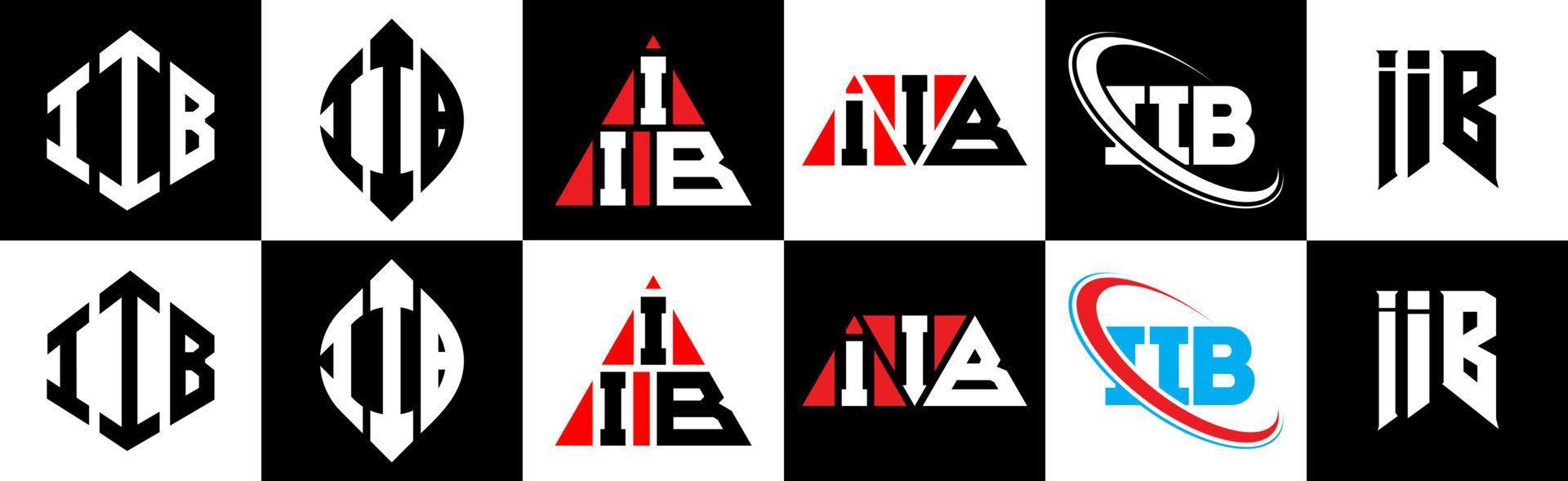 IIB letter logo design in six style. IIB polygon, circle, triangle, hexagon, flat and simple style with black and white color variation letter logo set in one artboard. IIB minimalist and classic logo vector