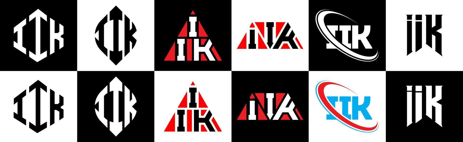 IIK letter logo design in six style. IIK polygon, circle, triangle, hexagon, flat and simple style with black and white color variation letter logo set in one artboard. IIK minimalist and classic logo vector