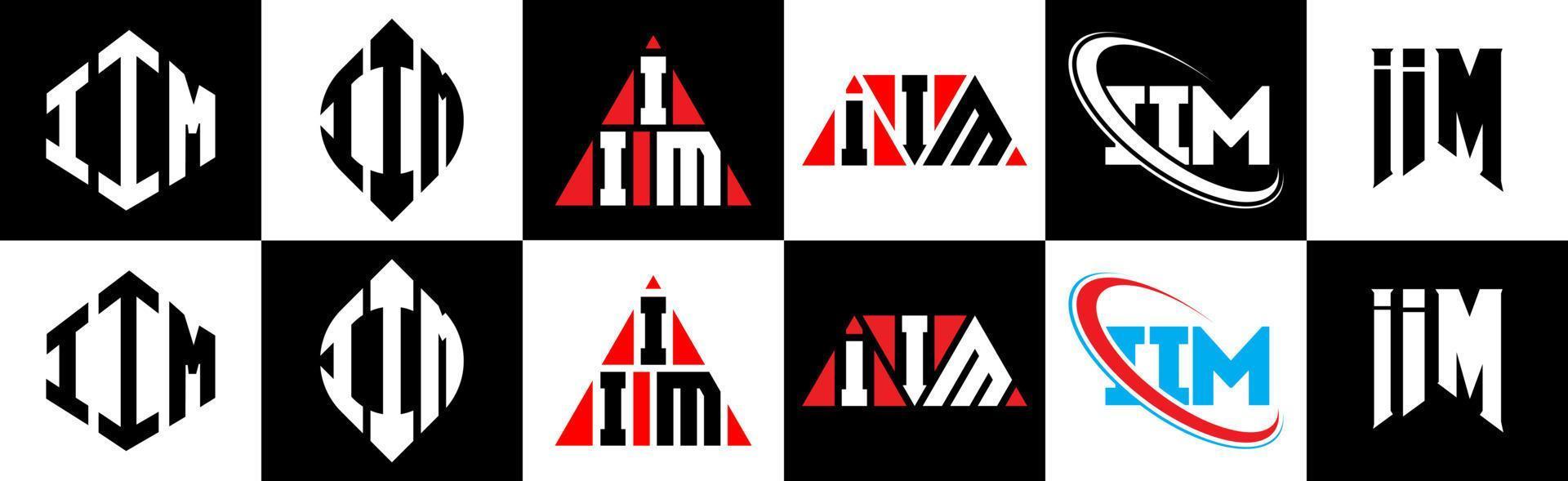 IIM letter logo design in six style. IIM polygon, circle, triangle, hexagon, flat and simple style with black and white color variation letter logo set in one artboard. IIM minimalist and classic logo vector