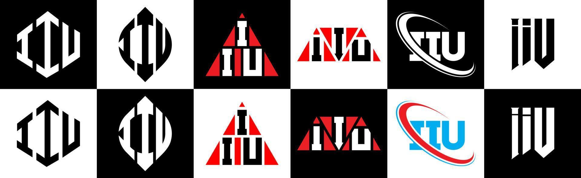 diseño de logotipo de letra iiu en seis estilos. iiu polígono, círculo, triángulo, hexágono, estilo plano y simple con logotipo de letra de variación de color blanco y negro en una mesa de trabajo. logotipo minimalista y clásico de iiu vector