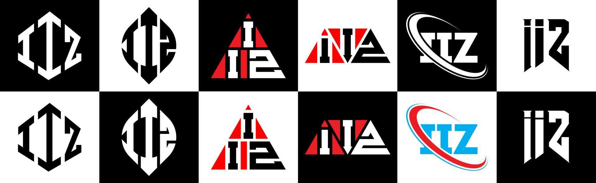 Diseño de logotipo de letra iiz en seis estilos. iiz polígono, círculo, triángulo, hexágono, estilo plano y simple con logotipo de letra de variación de color blanco y negro en una mesa de trabajo. logotipo minimalista y clásico de iiz vector