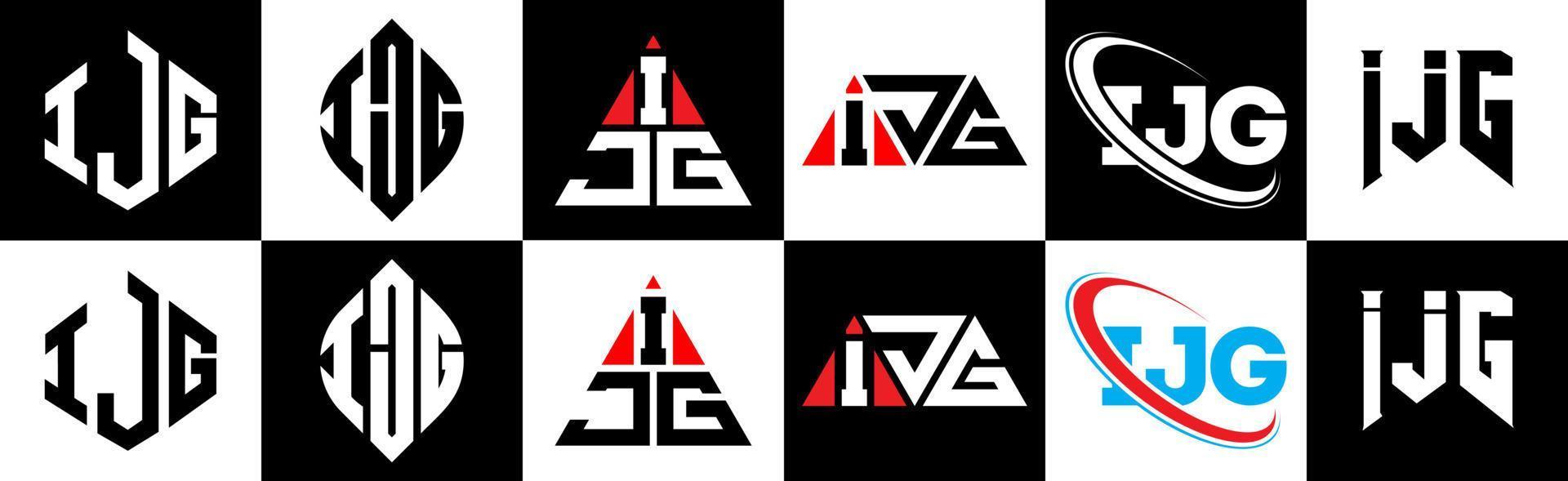 Diseño de logotipo de letra ijg en seis estilos. polígono ijg, círculo, triángulo, hexágono, estilo plano y simple con logotipo de letra de variación de color blanco y negro en una mesa de trabajo. logotipo minimalista y clásico de ijg vector