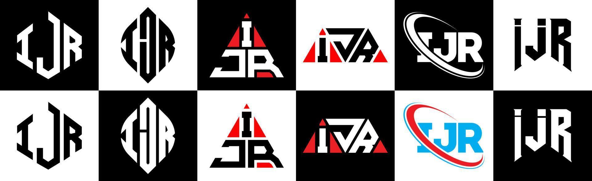 Diseño de logotipo de letra ijr en seis estilos. polígono ijr, círculo, triángulo, hexágono, estilo plano y simple con logotipo de letra de variación de color blanco y negro en una mesa de trabajo. logotipo minimalista y clásico de ijr vector