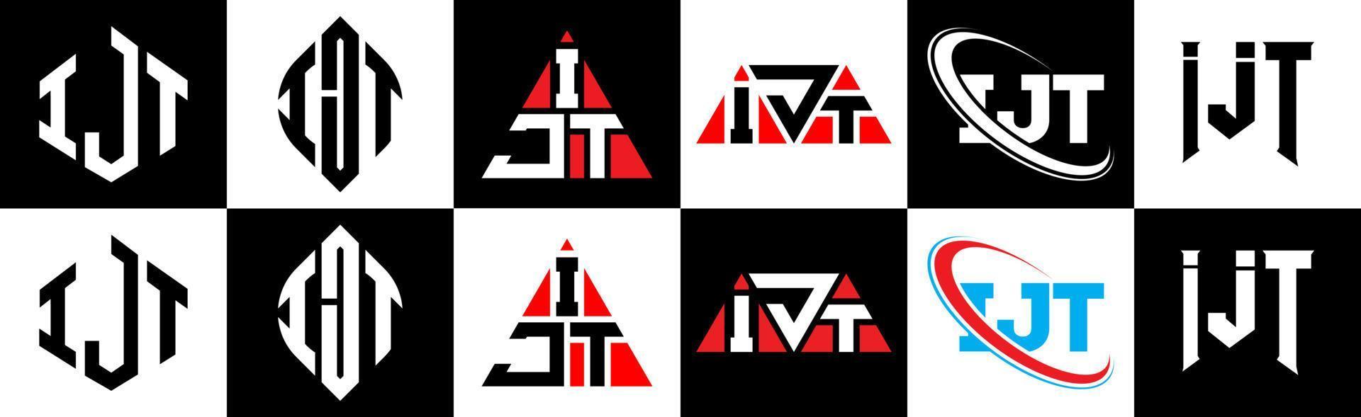 IJT letter logo design in six style. IJT polygon, circle, triangle, hexagon, flat and simple style with black and white color variation letter logo set in one artboard. IJT minimalist and classic logo vector
