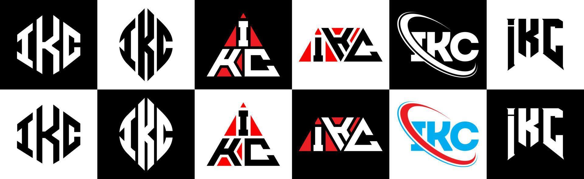 IKC letter logo design in six style. IKC polygon, circle, triangle, hexagon, flat and simple style with black and white color variation letter logo set in one artboard. IKC minimalist and classic logo vector