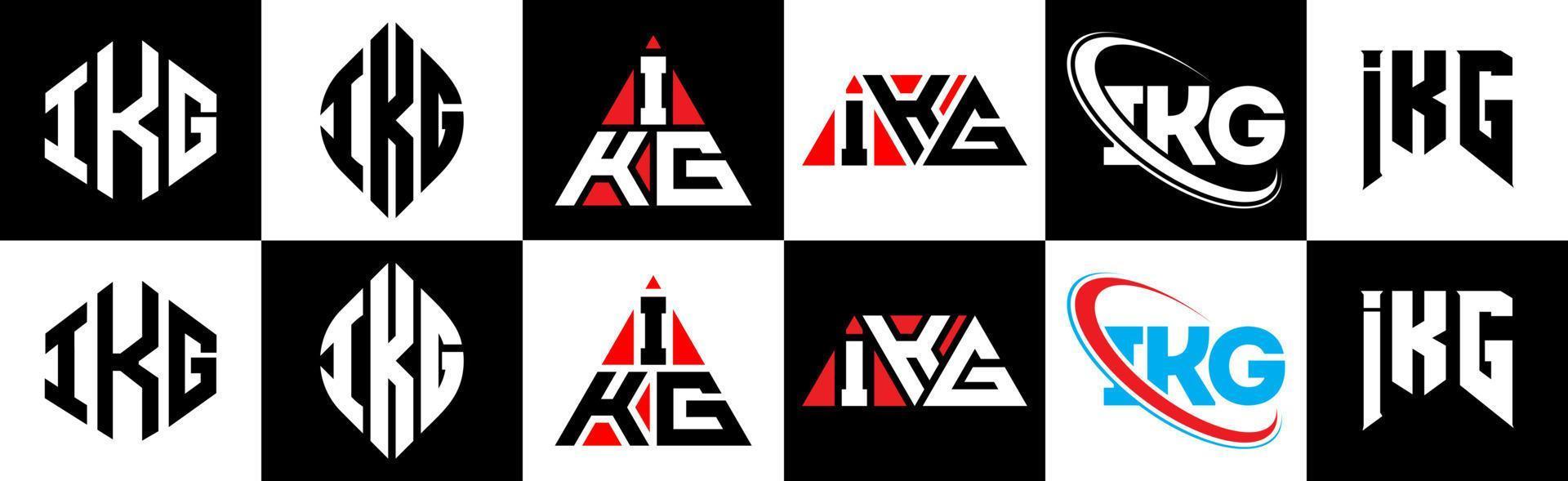 IKG letter logo design in six style. IKG polygon, circle, triangle, hexagon, flat and simple style with black and white color variation letter logo set in one artboard. IKG minimalist and classic logo vector