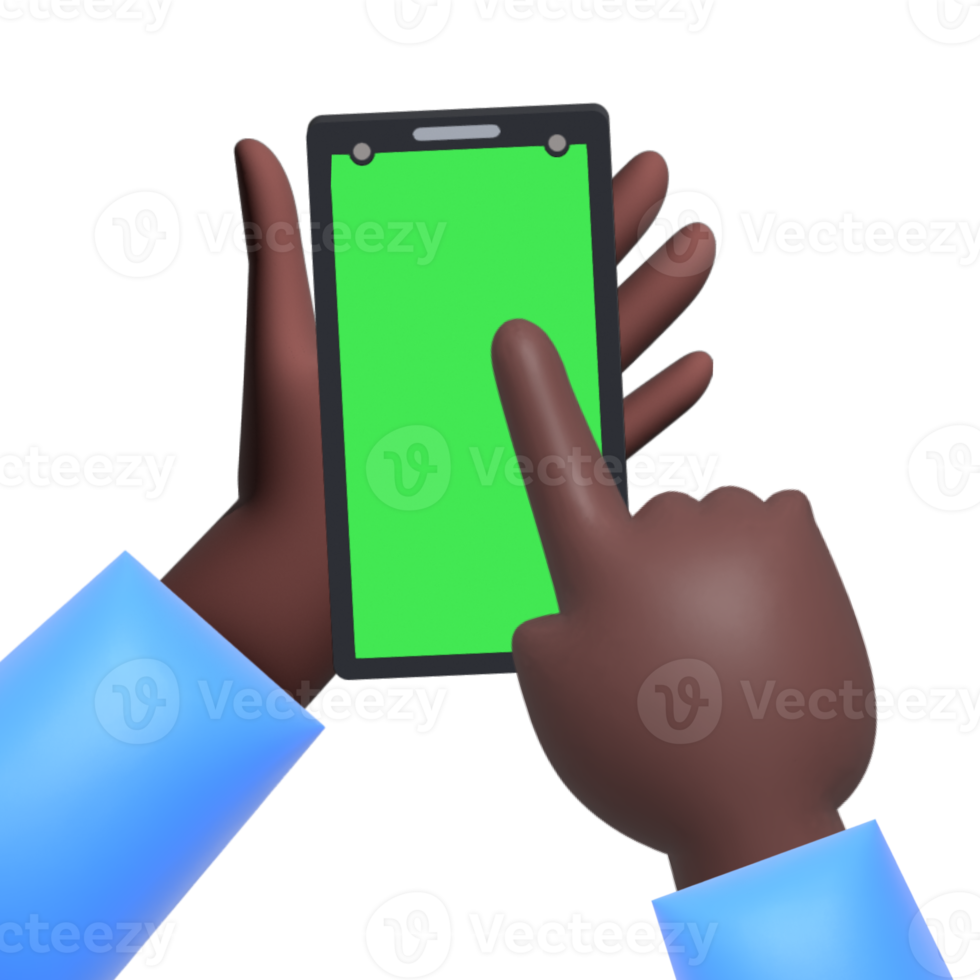 Hand tap on Smartphone with green screen. Holding phone and touch screen.3d illustration. png