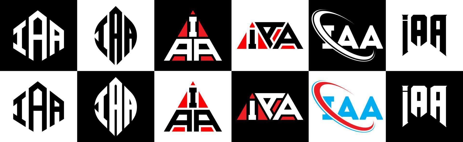 diseño de logotipo de letra iaa en seis estilos. polígono iaa, círculo, triángulo, hexágono, estilo plano y simple con logotipo de letra de variación de color blanco y negro en una mesa de trabajo. logotipo minimalista y clásico de iaa vector