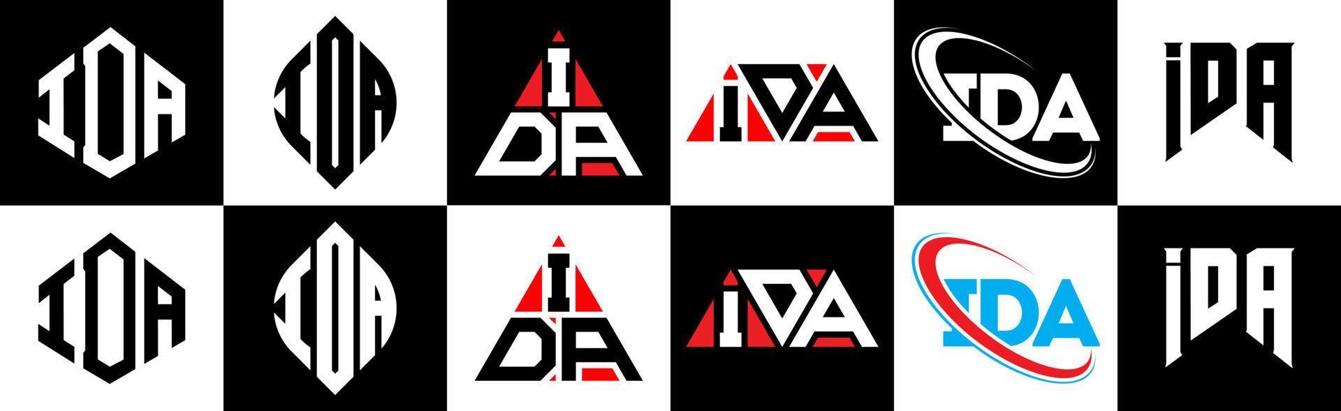 diseño de logotipo de letra ida en seis estilos. ida polígono, círculo, triángulo, hexágono, estilo plano y simple con logotipo de letra de variación de color blanco y negro en una mesa de trabajo. logotipo minimalista y clásico de ida vector