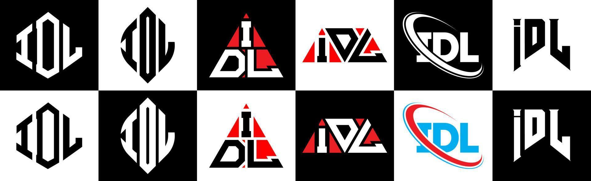 diseño de logotipo de letra idl en seis estilos. polígono idl, círculo, triángulo, hexágono, estilo plano y simple con logotipo de letra de variación de color blanco y negro en una mesa de trabajo. logotipo minimalista y clásico de idl vector