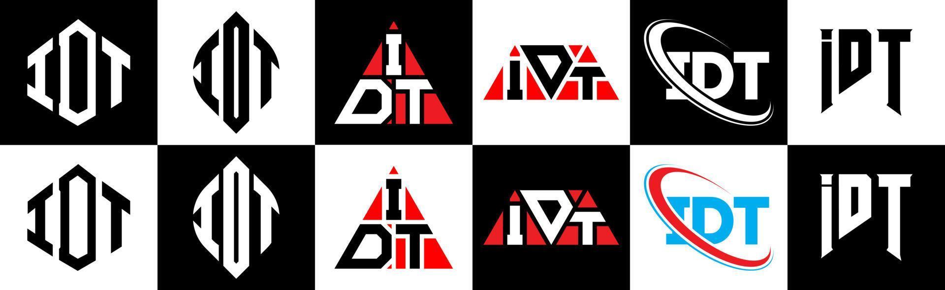 diseño de logotipo de letra idt en seis estilos. polígono idt, círculo, triángulo, hexágono, estilo plano y simple con logotipo de letra de variación de color blanco y negro en una mesa de trabajo. logotipo minimalista y clásico de idt vector