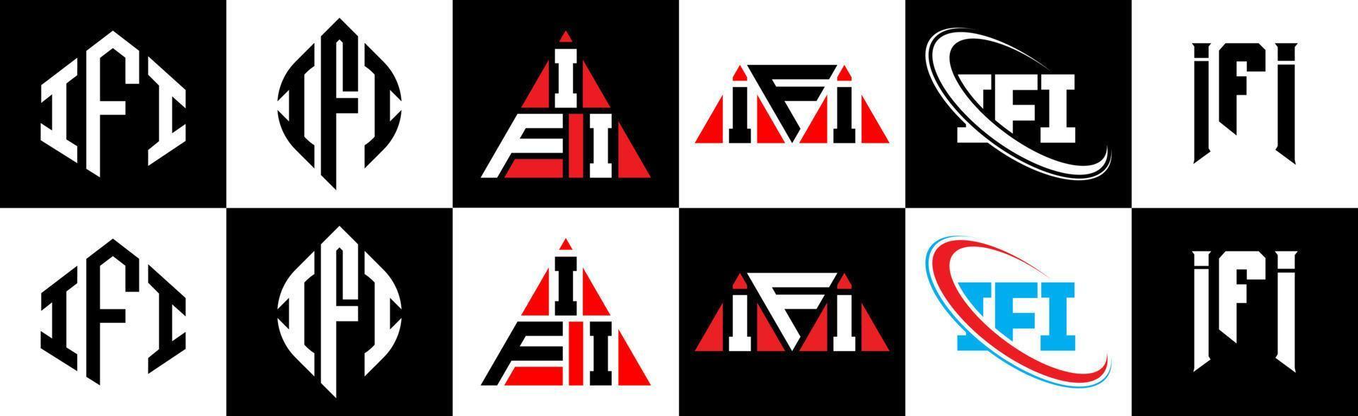 IFI letter logo design in six style. IFI polygon, circle, triangle, hexagon, flat and simple style with black and white color variation letter logo set in one artboard. IFI minimalist and classic logo vector