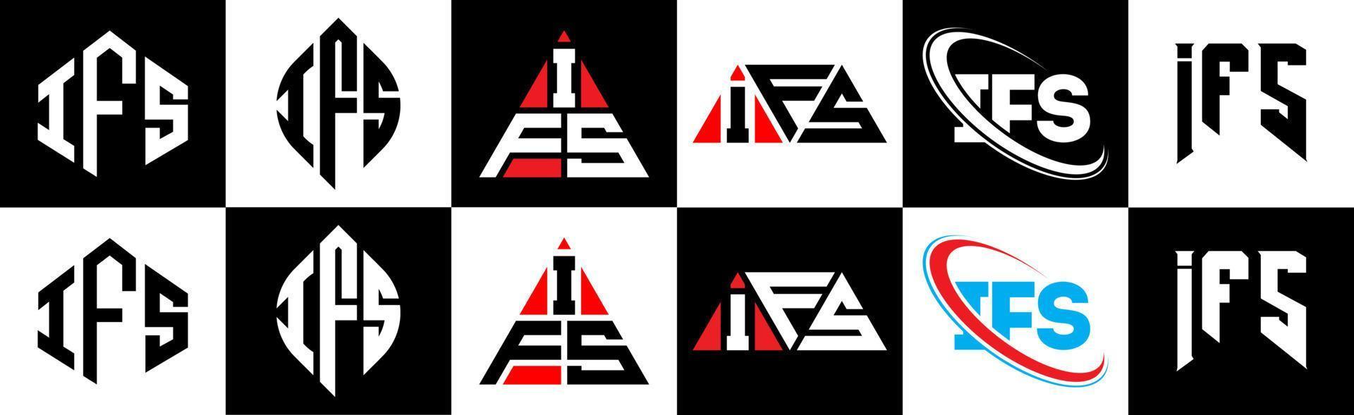 IFS letter logo design in six style. IFS polygon, circle, triangle, hexagon, flat and simple style with black and white color variation letter logo set in one artboard. IFS minimalist and classic logo vector