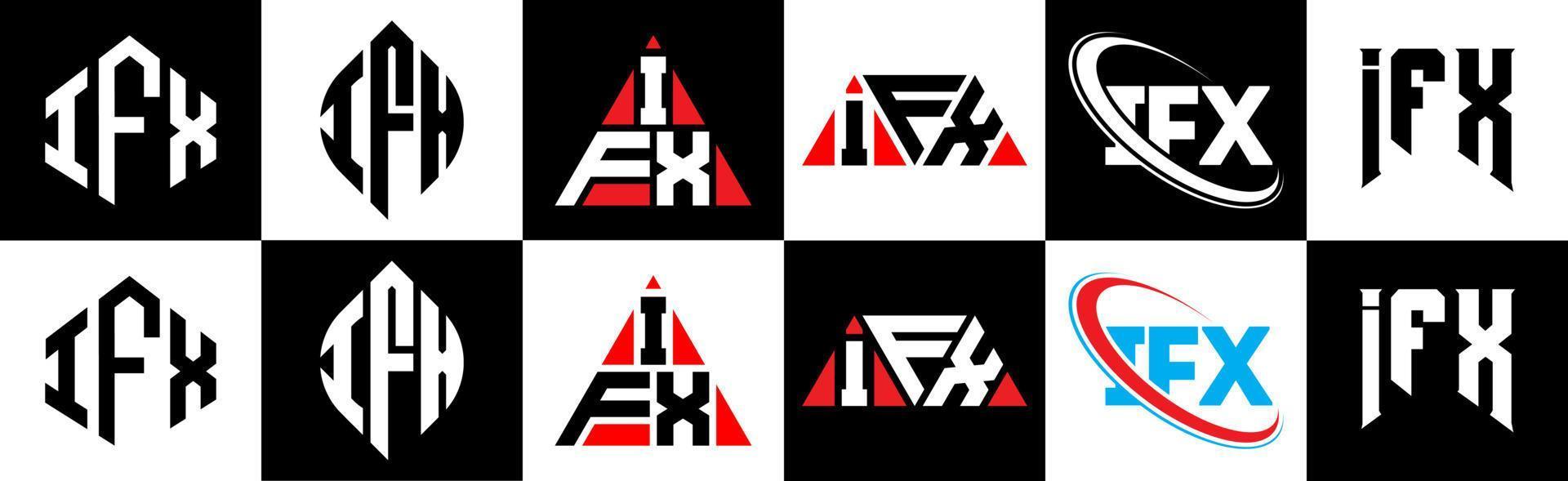 Diseño de logotipo de letra ifx en seis estilos. ifx polígono, círculo, triángulo, hexágono, estilo plano y simple con logotipo de letra de variación de color blanco y negro en una mesa de trabajo. logotipo minimalista y clásico de ifx vector